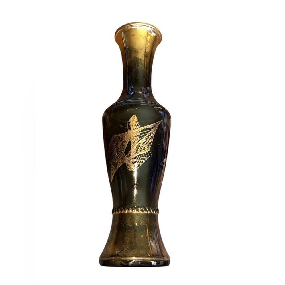 Vintage MCM Wheatonware Smoked Glass Spirographic Gold Bud Vase